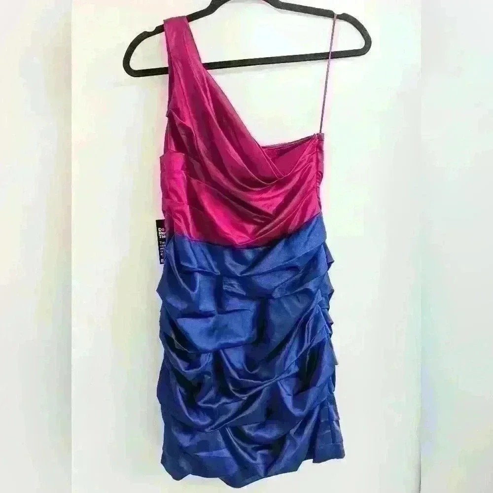 NWT Express Colorblock Ruched Bodycon One Shoulder Mini Dress, Pink and Blue - Picture 5 of 6